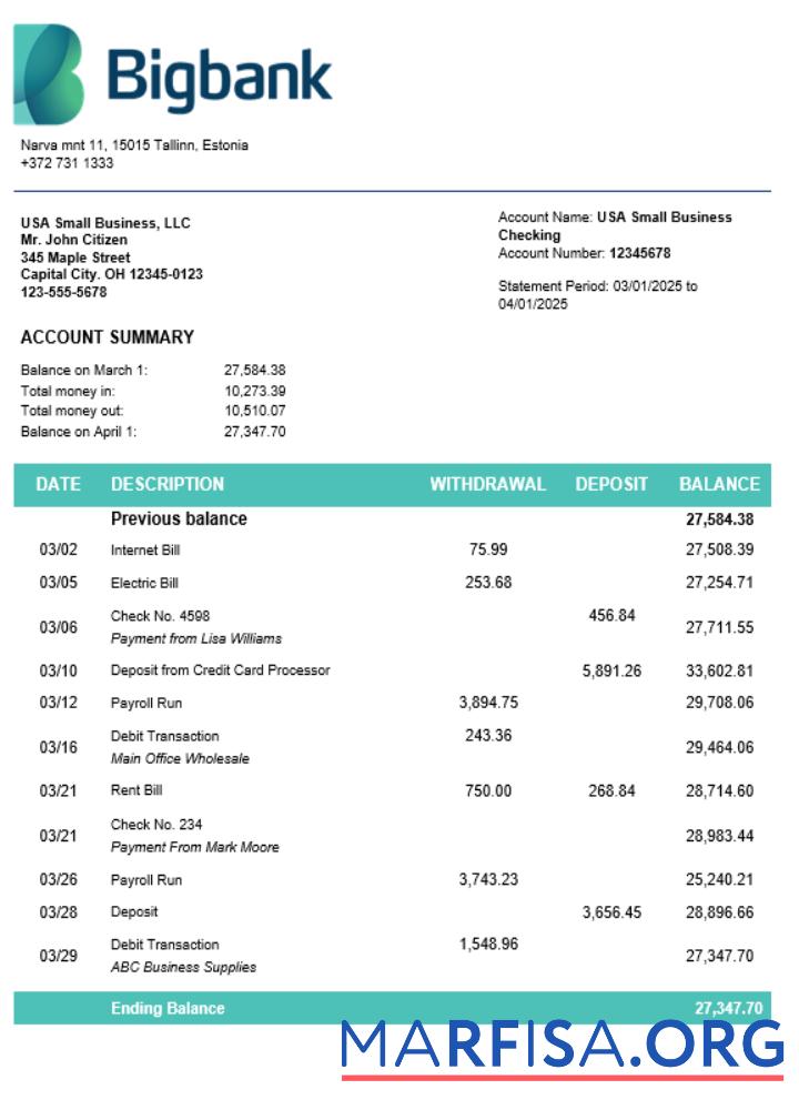 Realistic Bigbank firm account statement Word and PDF template